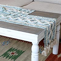Cotton table linen set, 'Sea Diamonds' (set for 4) - Fringed Cotton Table Linen Set (Set for 4)