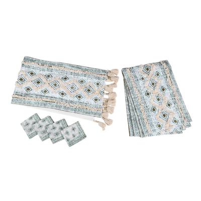 Cotton table linen set, 'Sea Diamonds' (set for 4) - Fringed Cotton Table Linen Set (Set for 4)