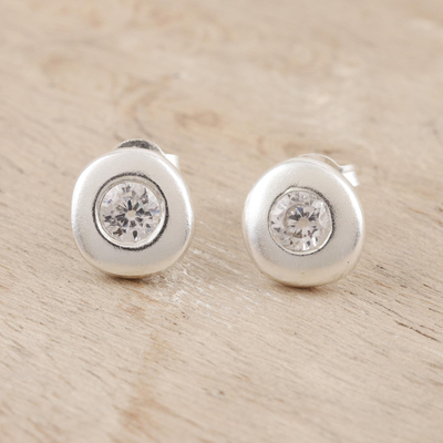 Zircon stud earrings, 'Shimmering Sphere' - Handmade Zircon and Sterling Silver Stud Earrings