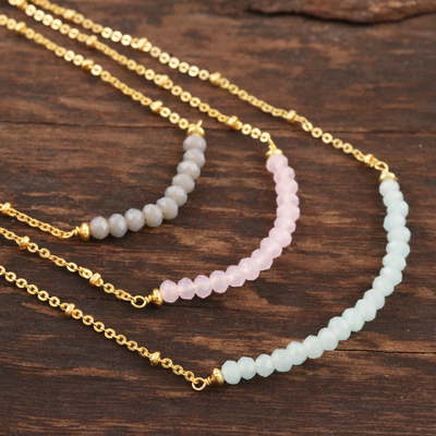 Gold-plated chalcedony and rose quartz pendant necklace, 'Color Vibration' - Gold-Plated Chalcedony and Rose Quartz Pendant Necklace