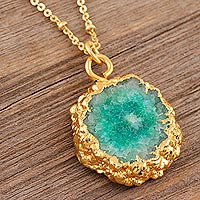 Gold-plated solar quartz necklace, 'Blue Illusion'