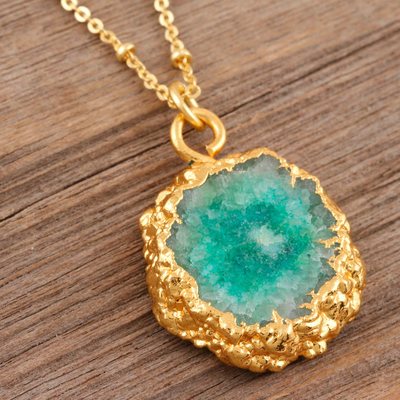 Gold-plated solar quartz necklace, 'Blue Illusion' - Gold-Plated Sterling Silver Blue Quartz Pendant Necklace