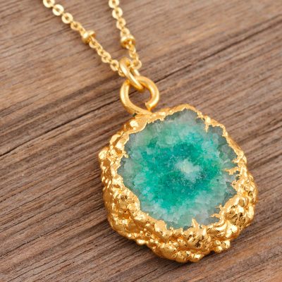 Gold-plated solar quartz pendant necklace, 'Blue Illusion' - Gold-Plated Sterling Silver Blue Quartz Pendant Necklace