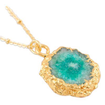Gold-plated solar quartz pendant necklace, 'Blue Illusion' - Gold-Plated Sterling Silver Blue Quartz Pendant Necklace