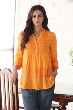 Embroidered tunic, 'Marigold Magic' - Embroidered Orange Viscose Button Front Tunic from India