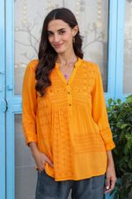 Embroidered tunic, 'Marigold Magic' - Embroidered Orange Viscose Button Front Tunic from India
