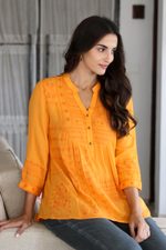 Embroidered tunic, 'Marigold Magic' - Embroidered Orange Viscose Button Front Tunic from India