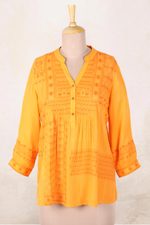 Embroidered tunic, 'Marigold Magic' - Embroidered Orange Viscose Button Front Tunic from India