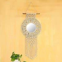 Hand Knotted Macrame Cotton Wall Hanging and Mirror,'Sunny Dreams'
