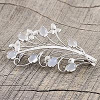 Rhodium-plated moonstone brooch, 'Remembered Dream' - Rhodium-Plated Sterling Silver Moonstone Brooch