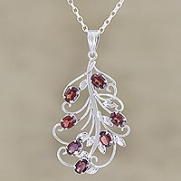 Rhodium-plated garnet pendant necklace, 'Dancing Bouquet' - Rhodium-Plated Sterling Silver Garnet Pendant Necklace