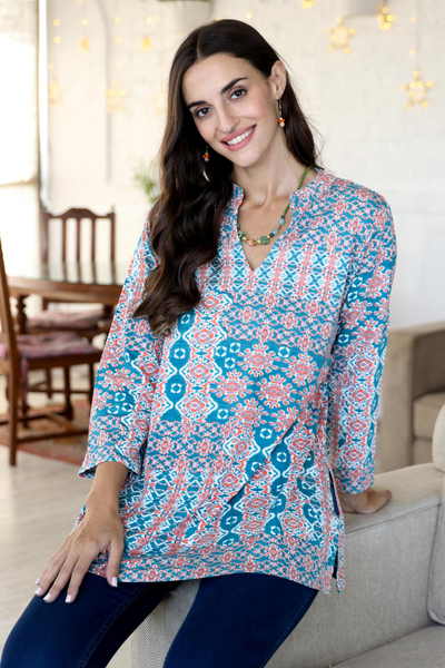Viscose tunic, 'Meena Bazaar in Teal' - Printed Viscos-Blend Tunic from India