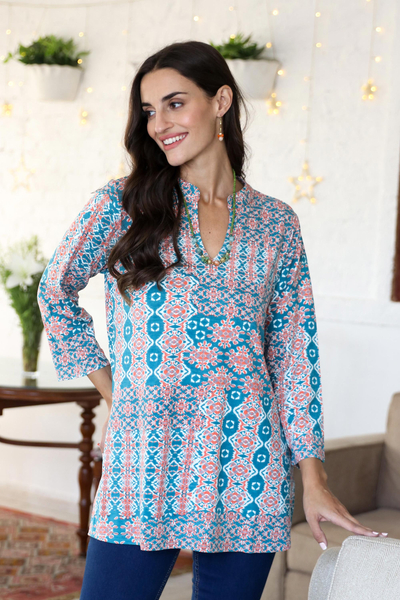 Viscose tunic, 'Meena Bazaar in Teal' - Printed Viscos-Blend Tunic from India