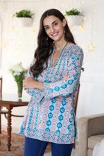 Viscose tunic, 'Meena Bazaar in Teal' - Printed Viscos-Blend Tunic from India