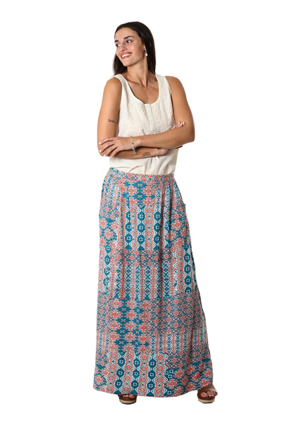 Viscose maxi skirt, 'Meena Bazaar in Teal' - Long Viscose Print Skirt