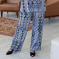 Pantalones de viscosa, 'Mughal Blue' - Pantalones de viscosa con motivos florales de la India