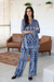 Viscose pants, 'Mughal Blue' - Floral-Patterned Viscose Pants from India thumbail