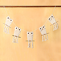 Macrame cotton bunting, 'Owl City' - Macrame Cotton and Mango Wood Owl Bunting