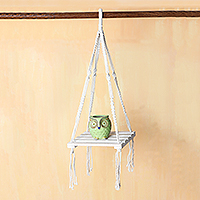 Macrame cotton and mango wood hanging shelf, 'Bohemian Wind' - Hand-Knotted Macrame Cotton Hanging Shelf