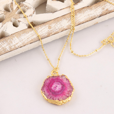 Gold-plated quartz necklace, 'Mystic Power in Pink' - Gold-Plated Pink Solar Quartz Pendant Necklace