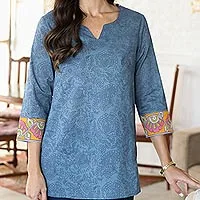 Block-printed cotton tunic, 'Paisley Buds' - Block-Printed Cotton Tunic with Paisley Motif