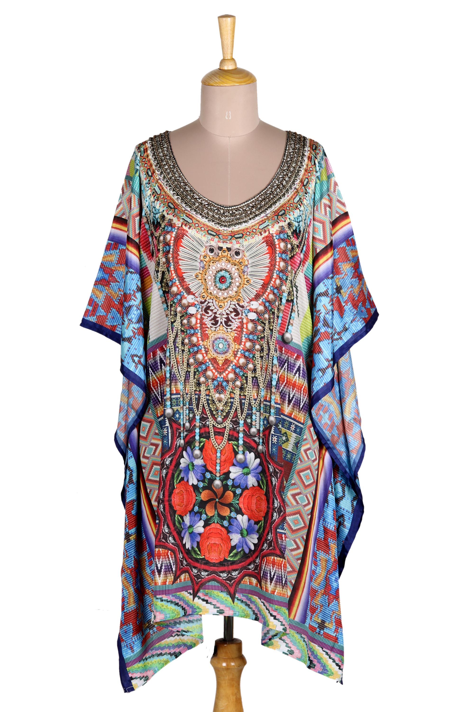 Beaded Indian Caftan with Geometric Print - Glamour Girl | NOVICA