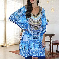 Caftán adornado, 'Belleza egipcia' - Caftán con cuentas de vidrio azul de la India