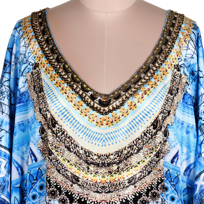 Embellished caftan, 'Egyptian Beauty' - Blue Glass Beaded Caftan from India