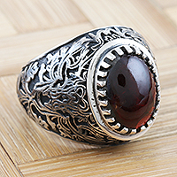 Men's garnet single stone ring, 'Burning Hearth' - Men's Garnet and Sterling Silver Cocktail Ring