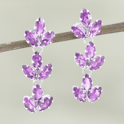 Rhodium-plated amethyst drop earrings, 'Violet Leaves' - Rhodium-Plated Sterling Silver Amethyst Earrings