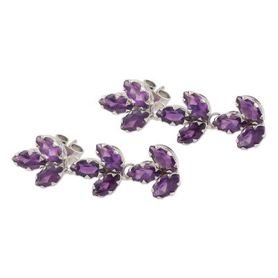 Rhodium-plated amethyst drop earrings, 'Violet Leaves' - Rhodium-Plated Sterling Silver Amethyst Earrings