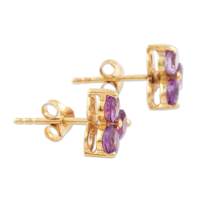 Gold-plated amethyst stud earrings, 'Regal Trio' - Gold-Accented Sterling Silver Amethyst Stud Earrings