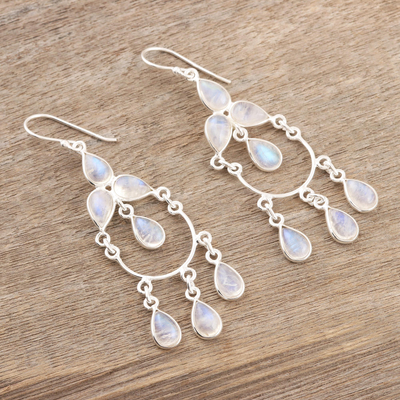 Rainbow moonstone chandelier earrings, 'Sky Dance' - Sterling Silver and Rainbow Moonstone Chandelier Earrings