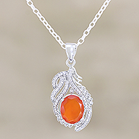 Carnelian and cubic zirconia pendant necklace, 'Temple Fire'