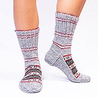 Hand-knit slipper style socks, 'Winter Festivity'