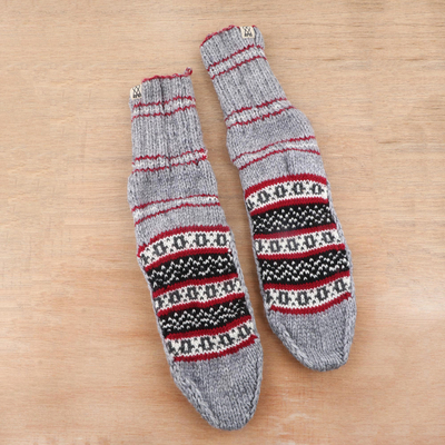 Calcetines estilo zapatilla tejidos a mano - Calcetines de invierno grises hasta la pantorrilla tejidos a mano estilo pantufla gruesa