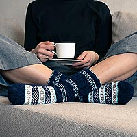 Hand-knit slipper style socks, 'Midnight Frost'
