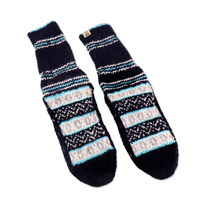Hand-knit slipper style socks, 'Midnight Frost' - Hand-Knit Midnight Blue Thick Slipper Style Socks from India
