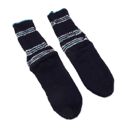 Calcetines estilo pantuflas tejidos a mano - Calcetines gruesos estilo zapatilla azul medianoche tejidos a mano de la India