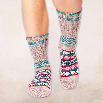 Hand-knit slipper style socks, 'Floral Winter' - Fair Trade Hand-Knit Floral Patterned Slipper Style Socks
