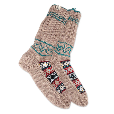 Hand-knit slipper style socks, 'Floral Winter' - Fair Trade Hand-Knit Floral Patterned Slipper Style Socks