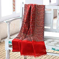 Jacquard Floral and Paisley Motif Wool Shawl,'Paisley Garden in Red'
