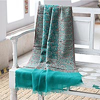 Jacquard wool shawl, 'Paisley Garden in Green' - Reversible Jacquard Wool Shawl