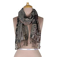 Jacquard wool scarf, 'Grey Symphony' - Grey Paisley-Patterned Wool Scarf