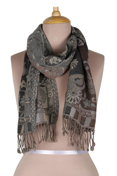 Grey Paisley-Patterned Wool Scarf