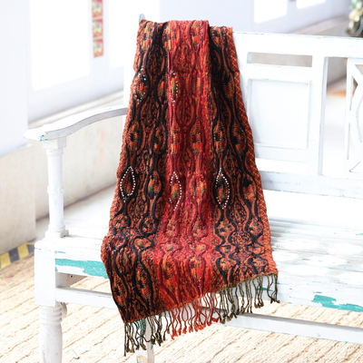 Wool scarf, 'Burst of Fire' - Crinkled Paisley-Patterned Wool Scarf