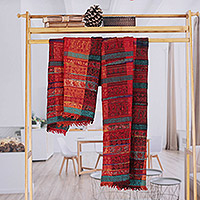 Jacquard wool shawl, 'Red Fantasy' - Paisley and Floral Jacquard Wool Shawl