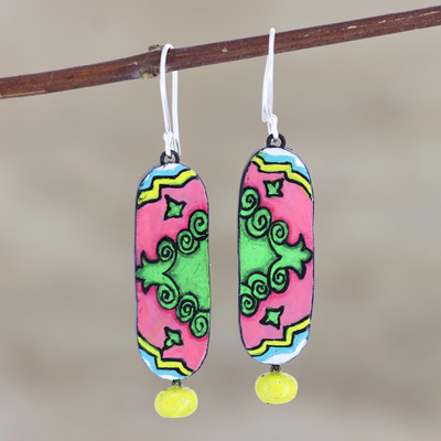 Ceramic dangle earrings, 'Arabesque Appeal' - Hand Painted Ceramic and Sterling Silver Earrings