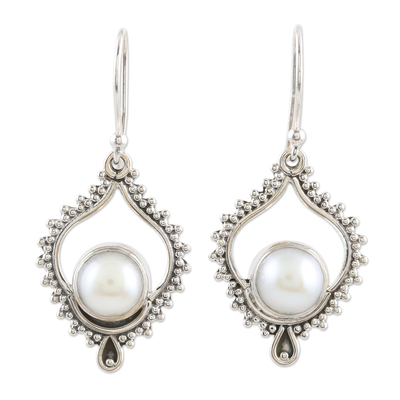 Cultured pearl dangle earrings, 'Blissful Night in White' - Cultured Pearl and Sterling Silver Dangle Earrings