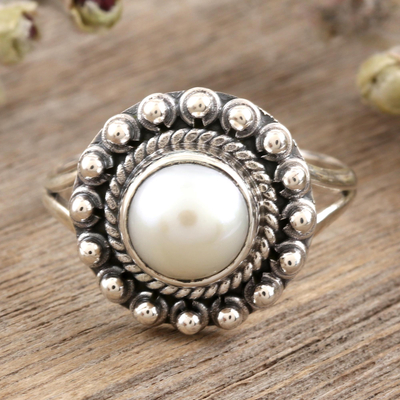 Cultured pearl cocktail ring, 'White Day' - Cultured Pearl and Sterling Silver Cocktail Ring